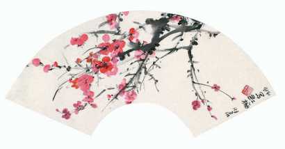 詹明录 红梅 扇面
